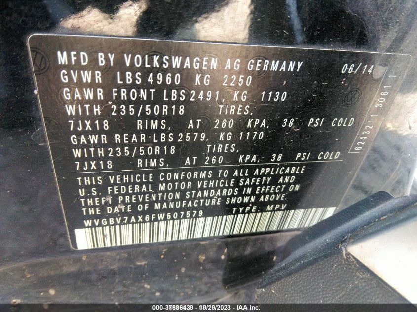 2015 Volkswagen Tiguan Se VIN: WVGBV7AX6FW507579 Lot: 37886438