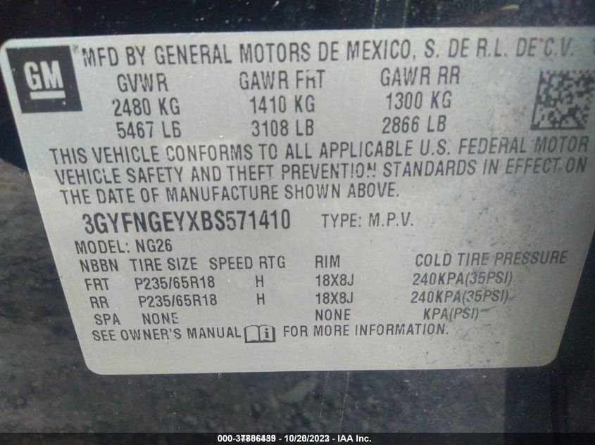 2011 Cadillac Srx Standard VIN: 3GYFNGEYXBS571410 Lot: 37886439