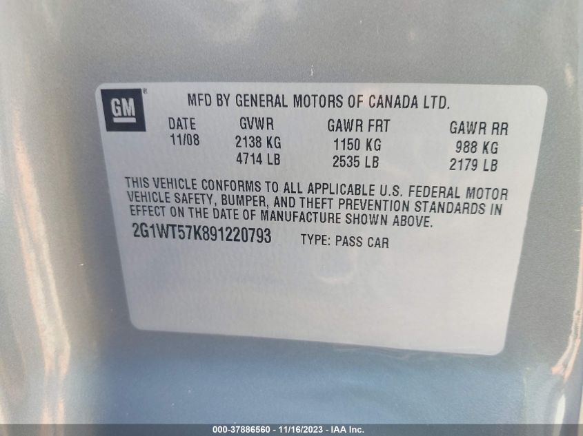 2009 Chevrolet Impala 3.5L Lt VIN: 2G1WT57K891220793 Lot: 37886560