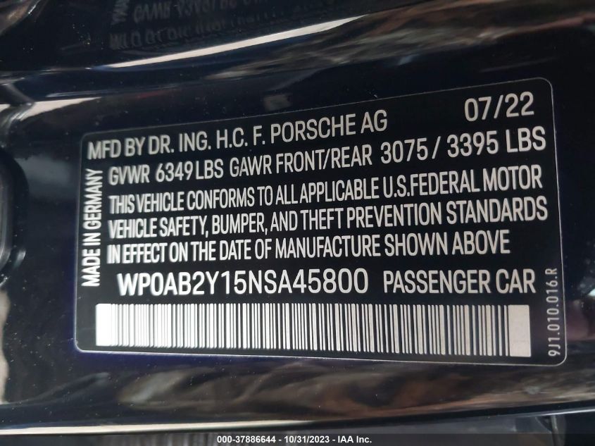 2022 Porsche Taycan 4S VIN: WP0AB2Y15NSA45800 Lot: 37886644