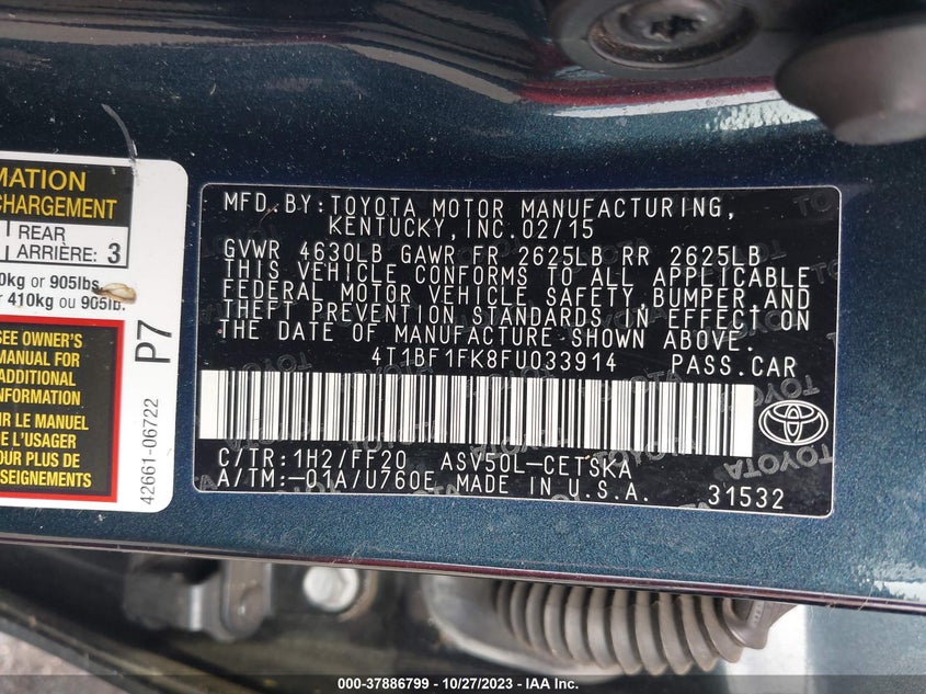 2015 Toyota Camry Xle/Se/Le/Xse VIN: 4T1BF1FK8FU033914 Lot: 37886799