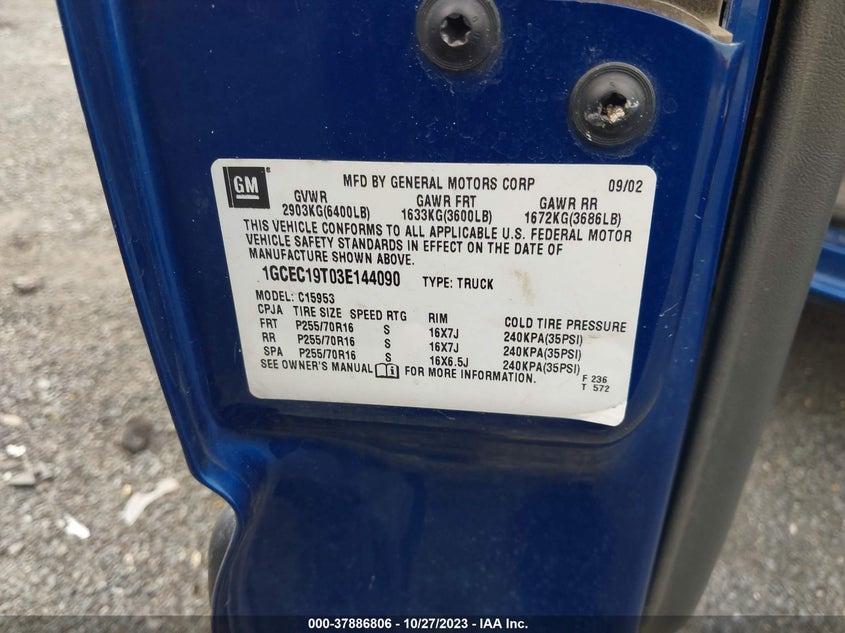 2003 Chevrolet Silverado 1500 Ls VIN: 1GCEC19T03E144090 Lot: 37886806