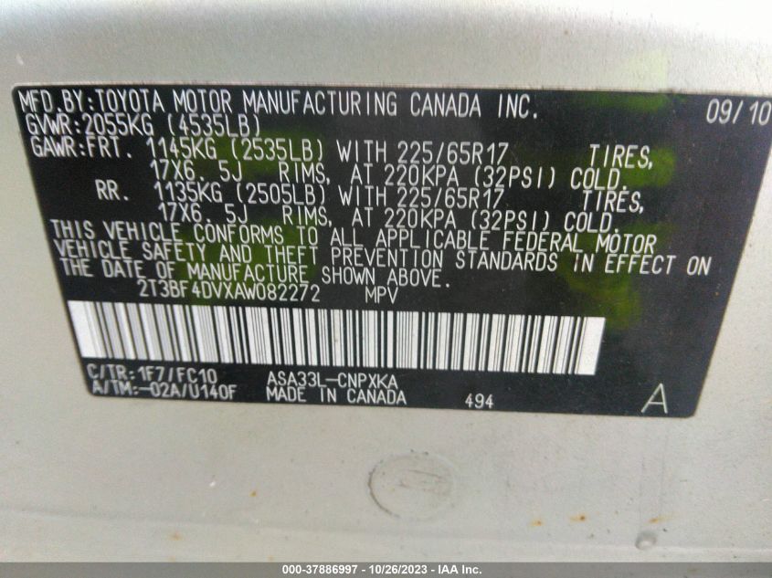 2010 Toyota Rav4 VIN: 2T3BF4DVXAW082272 Lot: 37886997