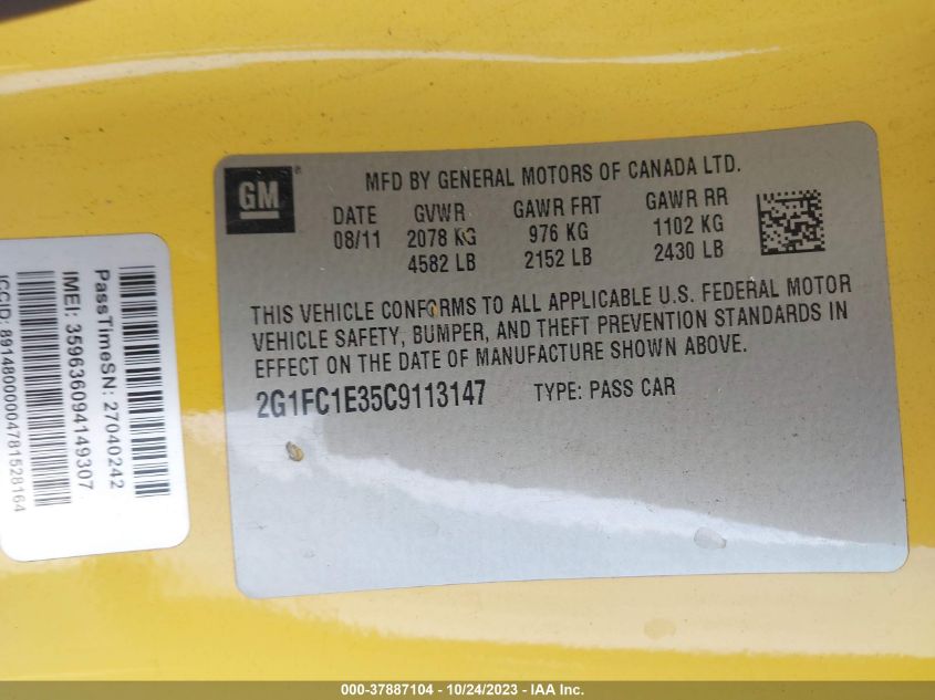 2012 Chevrolet Camaro 2Lt VIN: 2G1FC1E35C9113147 Lot: 37887104