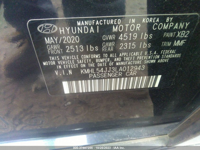 2020 Hyundai Sonata Hybrid Limited VIN: KMHL54JJ3LA012943 Lot: 37887255