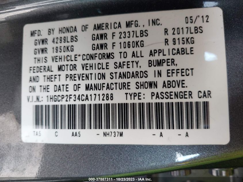 1HGCP2F34CA171288 2012 Honda Accord Sdn Lx