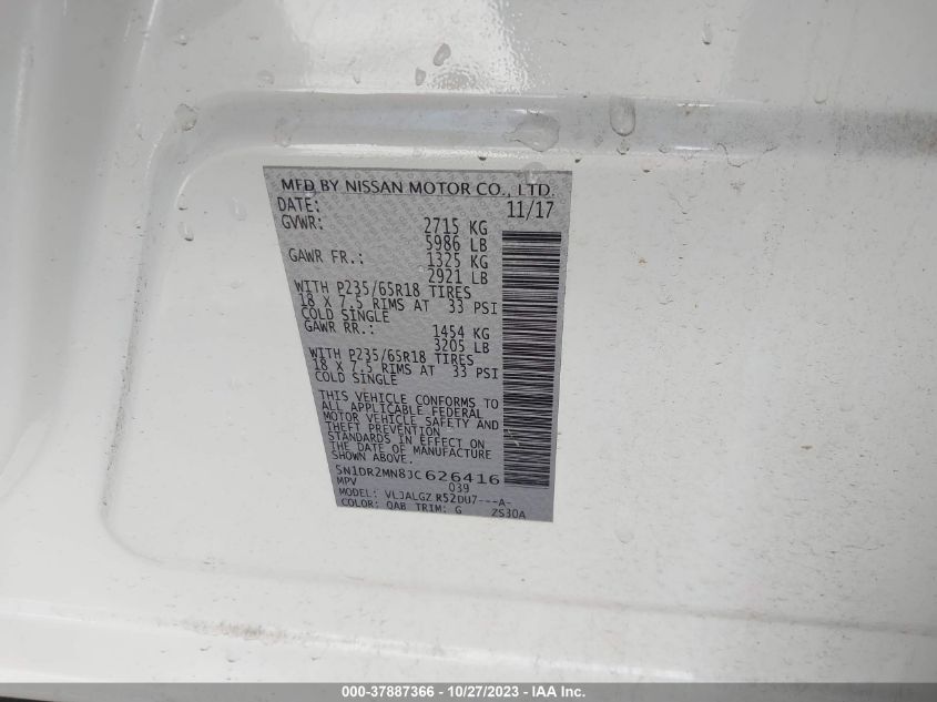 2018 Nissan Pathfinder Sl VIN: 5N1DR2MN8JC626416 Lot: 37887366