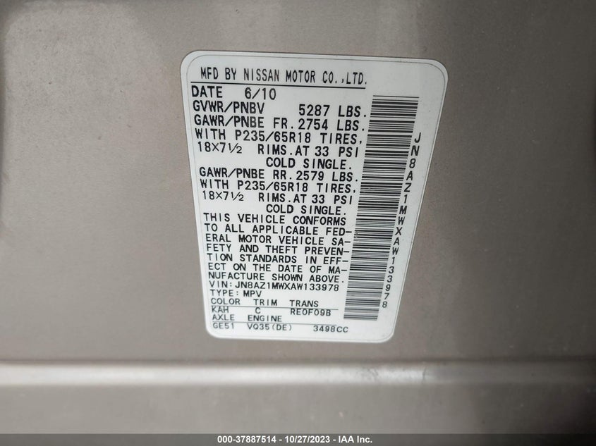 2010 Nissan Murano Sl VIN: JN8AZ1MWXAW133978 Lot: 37887514