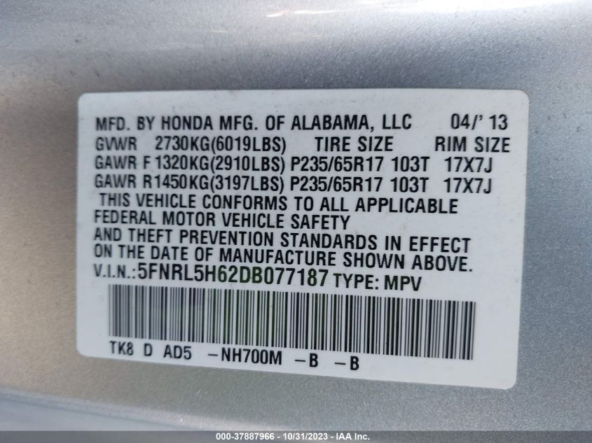 2013 Honda Odyssey Ex-L VIN: 5FNRL5H62DB077187 Lot: 37887966