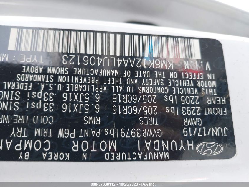 2020 Hyundai Kona Se VIN: KM8K12AA4LU406123 Lot: 37888112