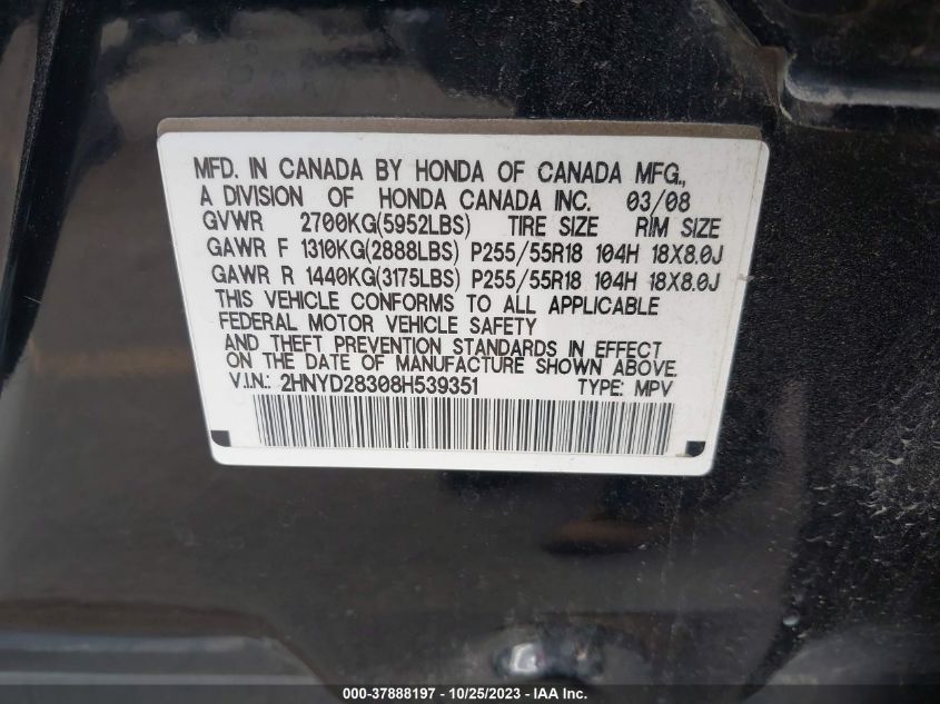 2008 Acura Mdx Tech Pkg VIN: 2HNYD28308H539351 Lot: 37888197