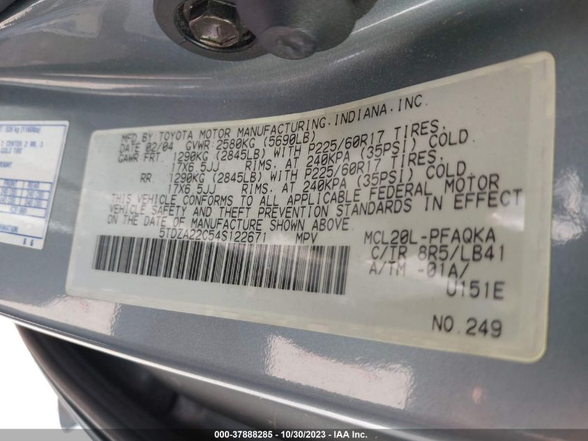 2004 Toyota Sienna Xle VIN: 5TDZA22C54S122671 Lot: 37888285