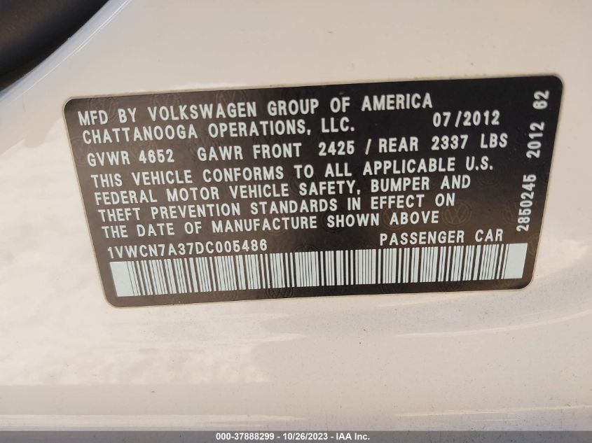 2013 Volkswagen Passat Tdi Sel Premium VIN: 1VWCN7A37DC005486 Lot: 37888299