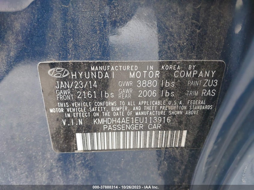 2014 Hyundai Elantra Se VIN: KMHDH4AE1EU113916 Lot: 37888314