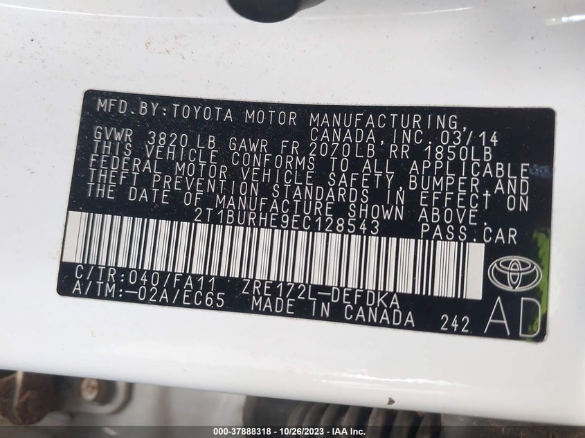 2014 Toyota Corolla L/Le/S/S Plus/Le Plus VIN: 2T1BURHE9EC128543 Lot: 37888318