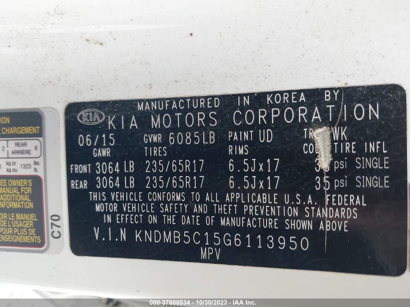 2016 Kia Sedona Lx VIN: KNDMB5C15G6113950 Lot: 37888534