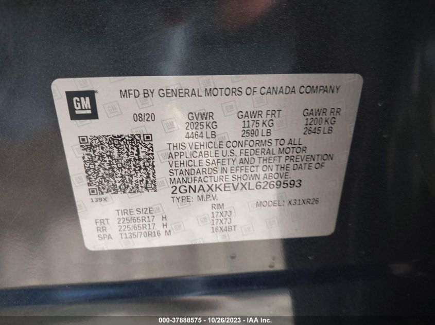 2020 Chevrolet Equinox Lt VIN: 2GNAXKEVXL6269593 Lot: 37888575
