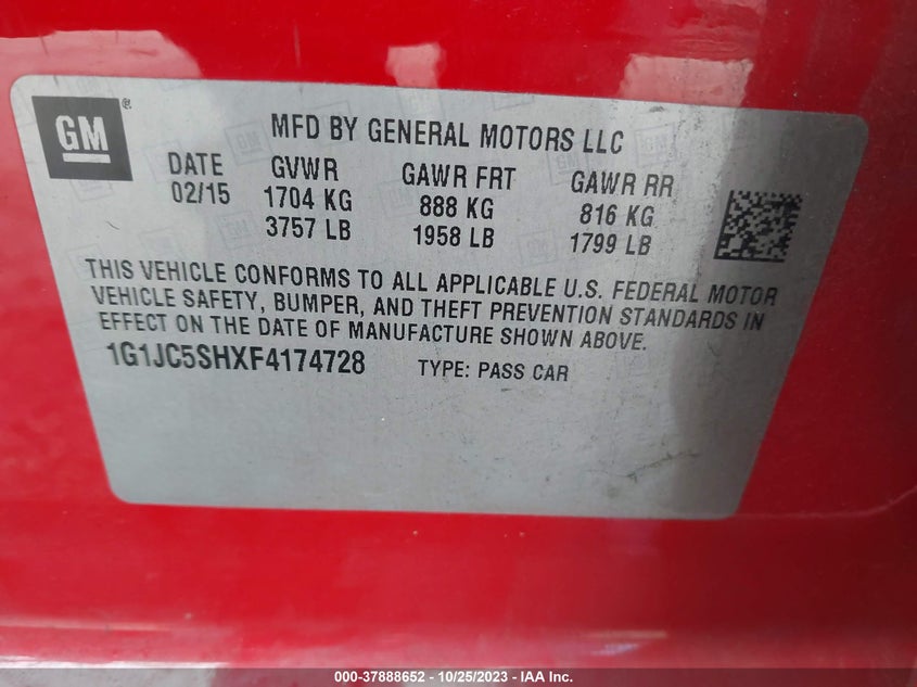2015 Chevrolet Sonic Lt VIN: 1G1JC5SHXF4174728 Lot: 37888652