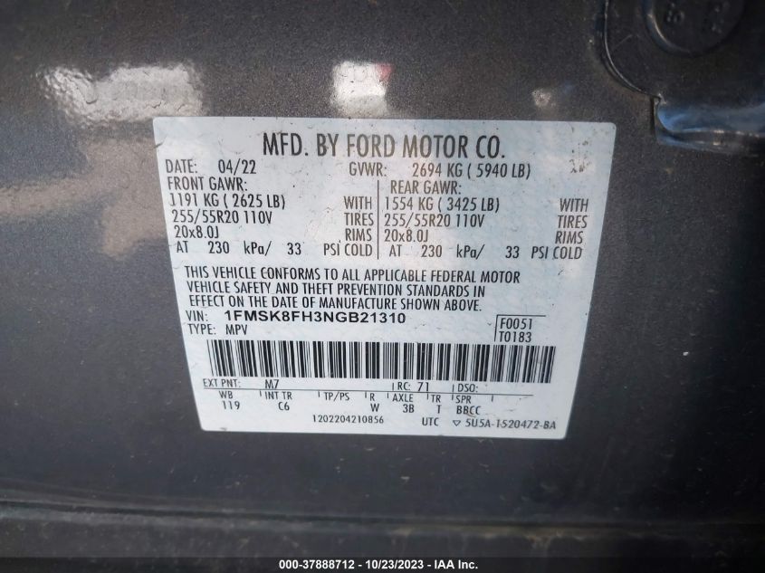 2022 Ford Explorer Limited VIN: 1FMSK8FH3NGB21310 Lot: 37888712