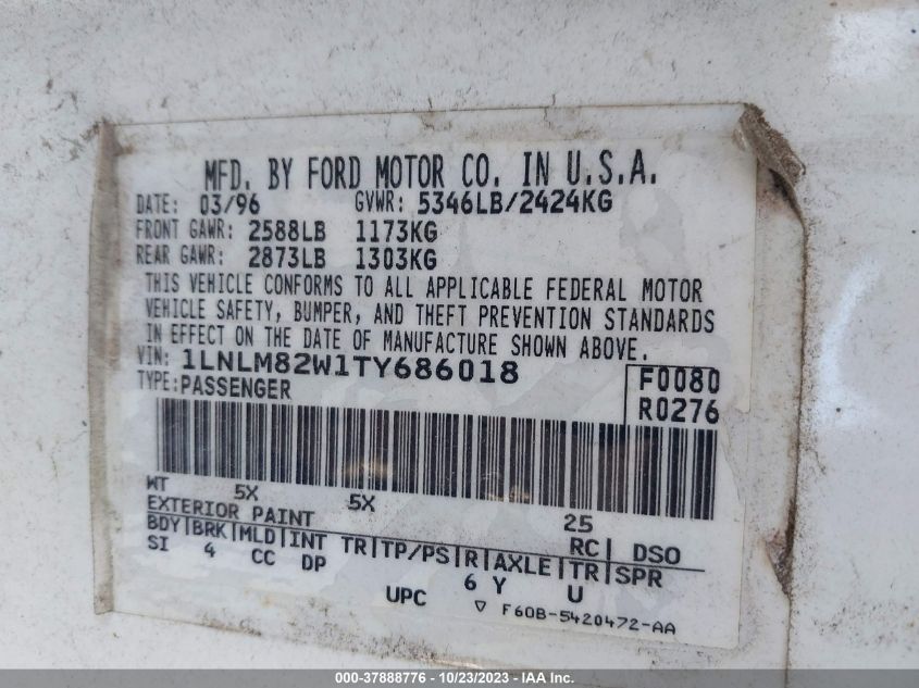 1996 Lincoln Town Car Sgn/Dmnd Anv/Cypress/Jn VIN: 1LNLM82W1TY686018 Lot: 37888776