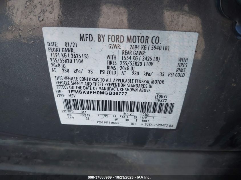 2021 Ford Explorer Limited VIN: 1FMSK8FH0MGB06777 Lot: 37888969