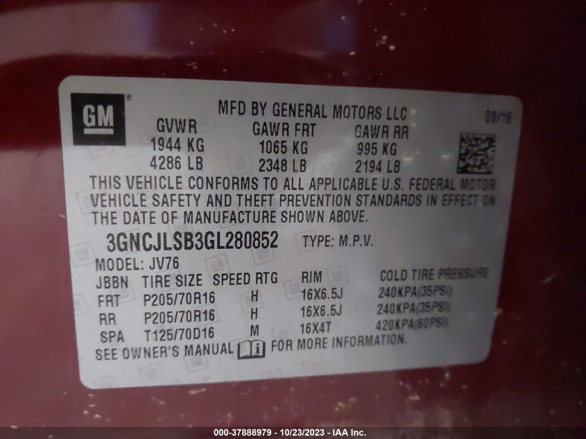 2016 Chevrolet Trax Lt VIN: 3GNCJLSB3GL280852 Lot: 37888979