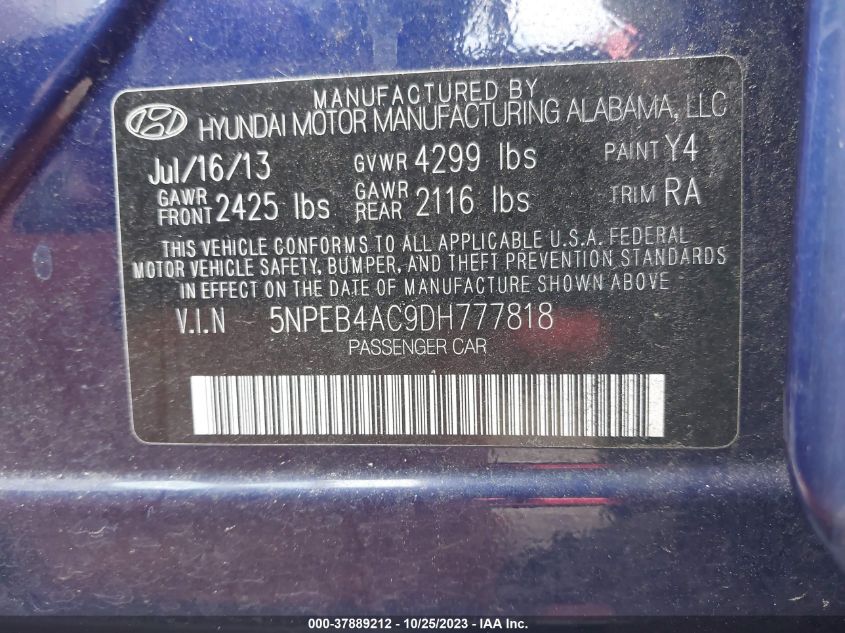 5NPEB4AC9DH777818 2013 Hyundai Sonata Gls