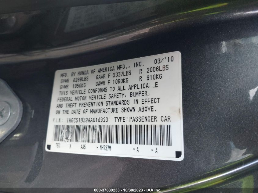 2010 Honda Accord Cpe Lx-S VIN: 1HGCS1B39AA014920 Lot: 37889233