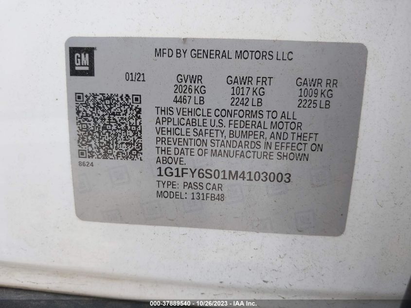 2021 Chevrolet Bolt Ev Lt VIN: 1G1FY6S01M4103003 Lot: 37889540