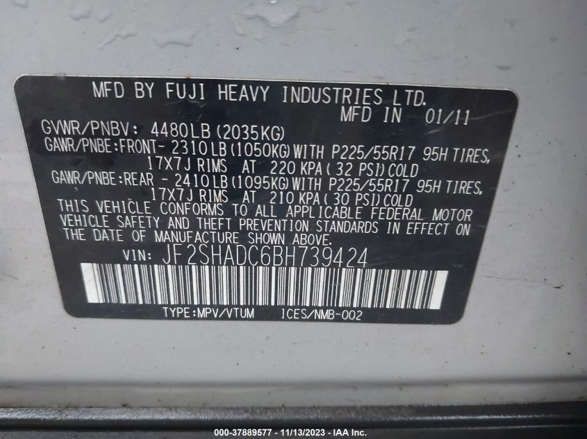 2011 Subaru Forester 2.5X Premium VIN: JF2SHADC6BH739424 Lot: 37889577