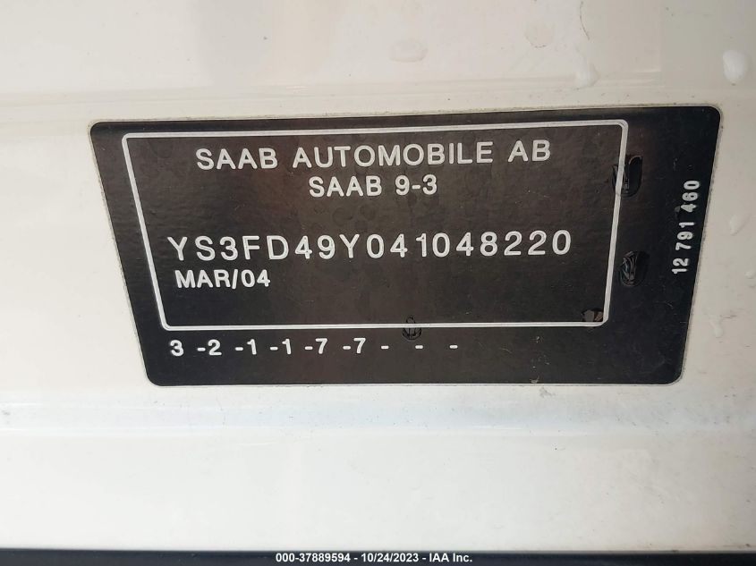 2004 Saab 9-3 Arc VIN: YS3FD49Y041048220 Lot: 37889594