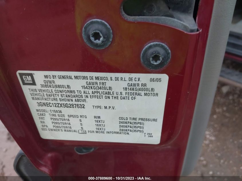 2005 Chevrolet Avalanche Ls VIN: 3GNEC12ZX5G287632 Lot: 37889600