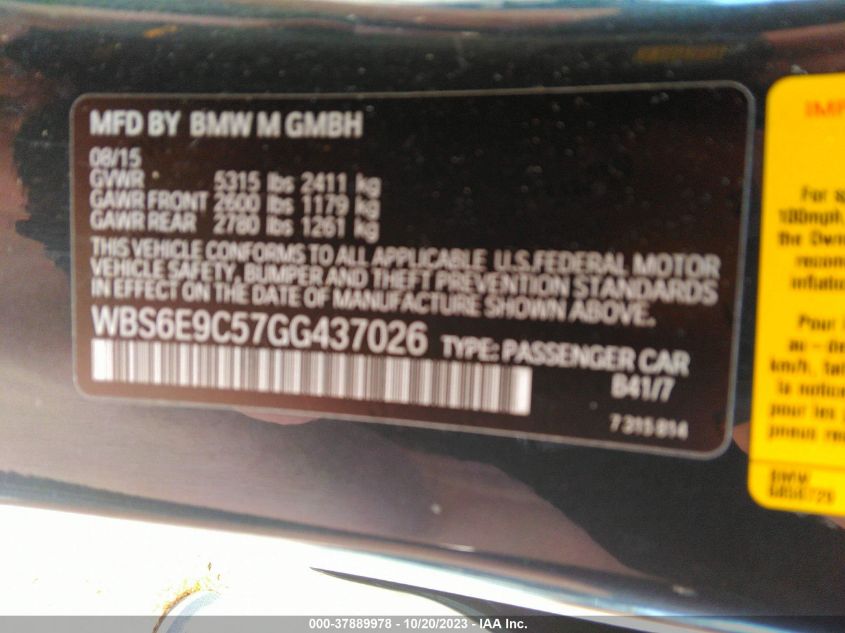 2016 BMW M6 VIN: WBS6E9C57GG437026 Lot: 37889978