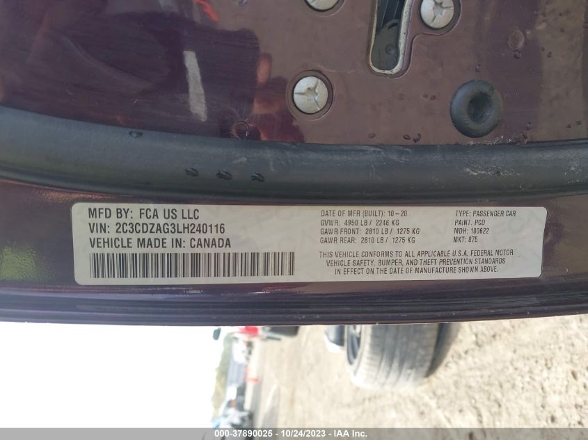 2C3CDZAG3LH240116 2020 Dodge Challenger Sxt