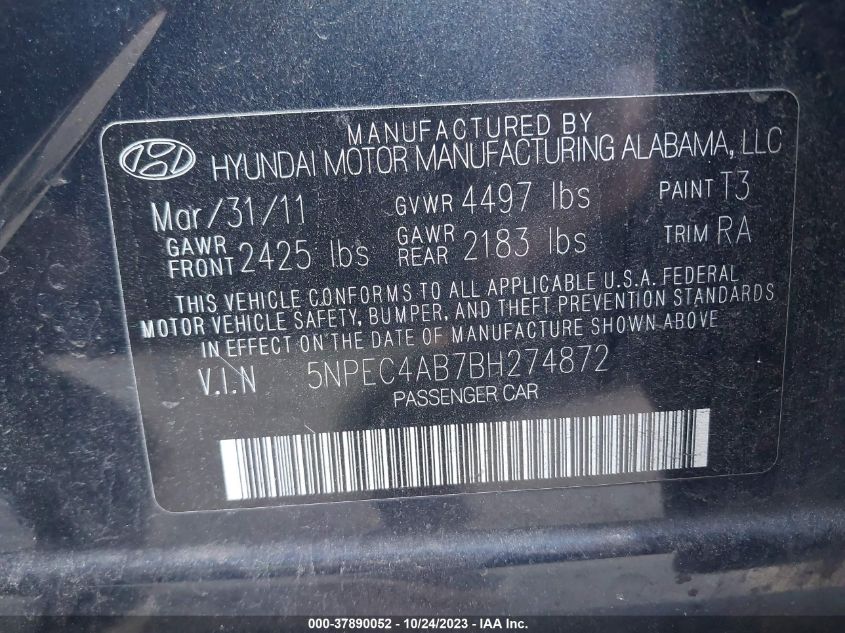 2011 Hyundai Sonata Se VIN: 5NPEC4AB7BH274872 Lot: 37890052