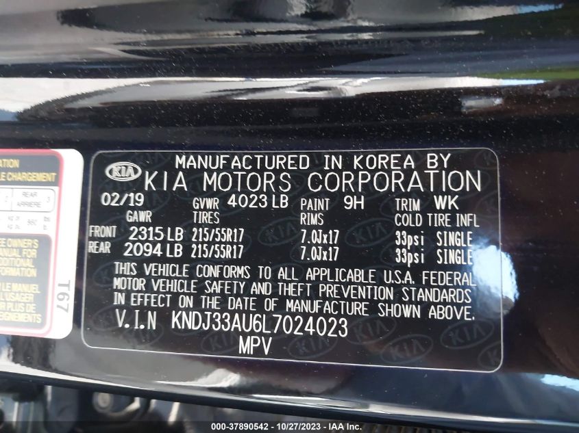 2020 Kia Soul Ex VIN: KNDJ33AU6L7024023 Lot: 37890542