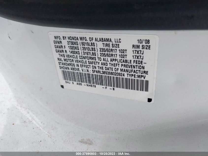 2009 Honda Odyssey Touring VIN: 5FNRL38939B020924 Lot: 37890803