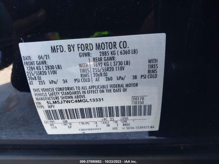 2021 Lincoln Aviator Reserve VIN: 5LM5J7WC4MGL13331 Lot: 37890882