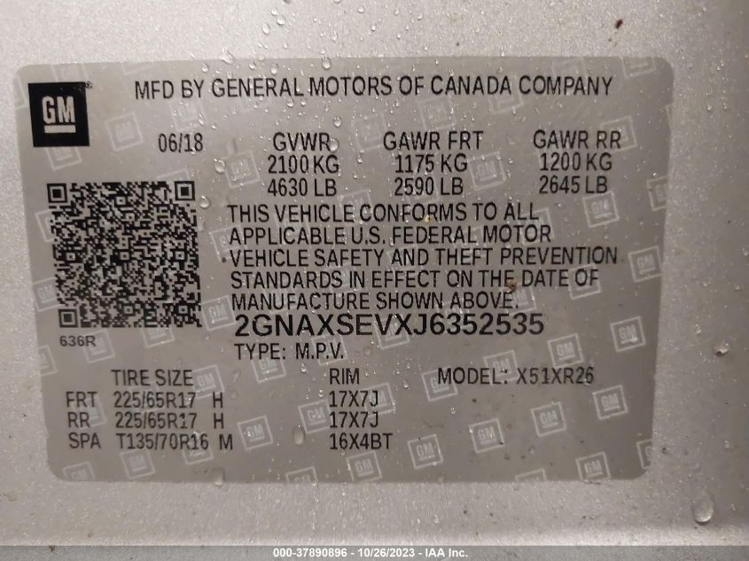 2018 Chevrolet Equinox Lt VIN: 2GNAXSEVXJ6352535 Lot: 37890896