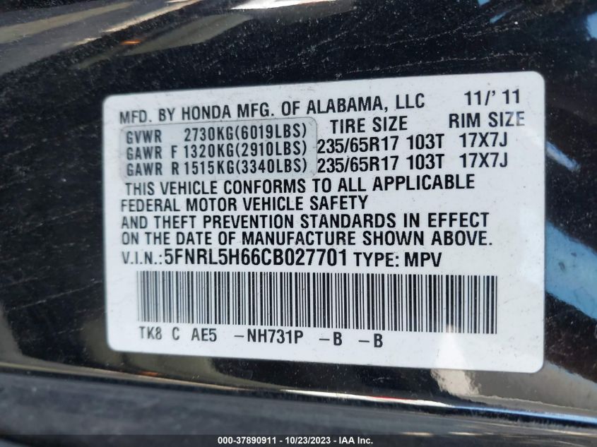 2012 Honda Odyssey Ex-L VIN: 5FNRL5H66CB027701 Lot: 37890911