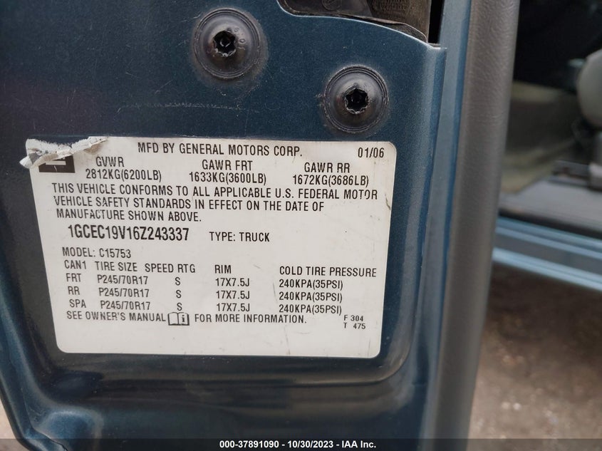 2006 Chevrolet Silverado 1500 Lt1 VIN: 1GCEC19V16Z243337 Lot: 37891090