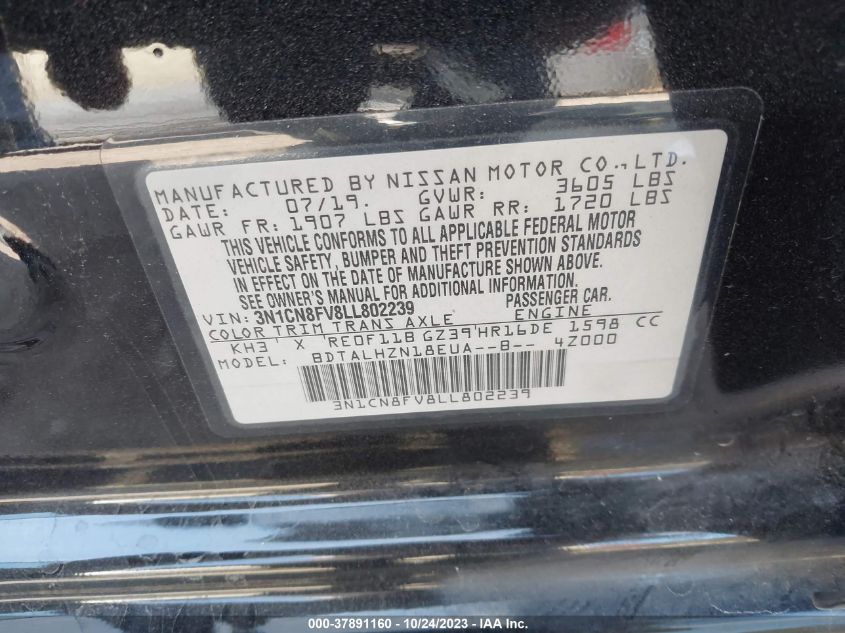 3N1CN8FV8LL802239 2020 Nissan Versa Sr Xtronic Cvt