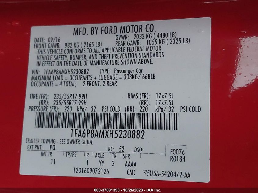 2017 Ford Mustang V6 VIN: 1GCRYCEF1KZ260999 Lot: 37891393