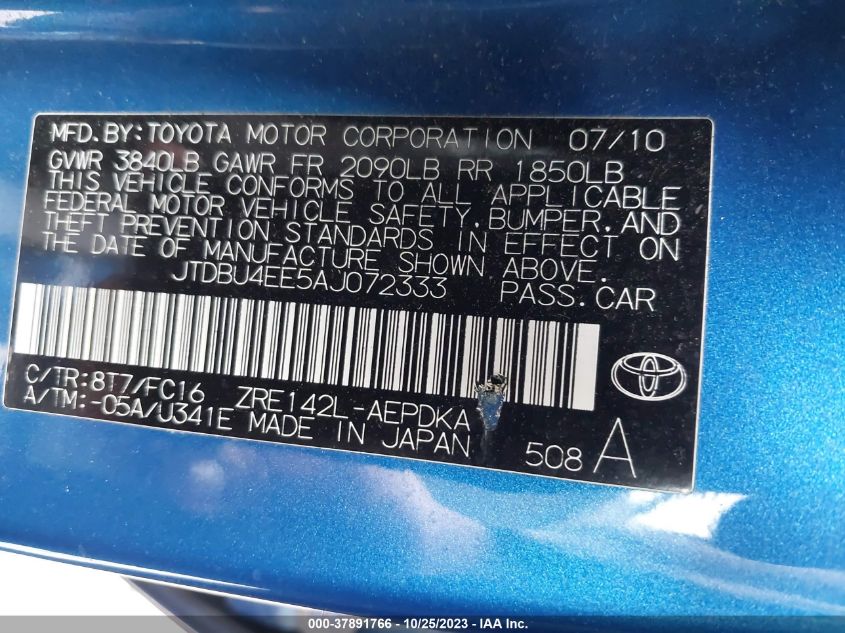 2010 Toyota Corolla VIN: JTDBU4EE5AJ072333 Lot: 37891766