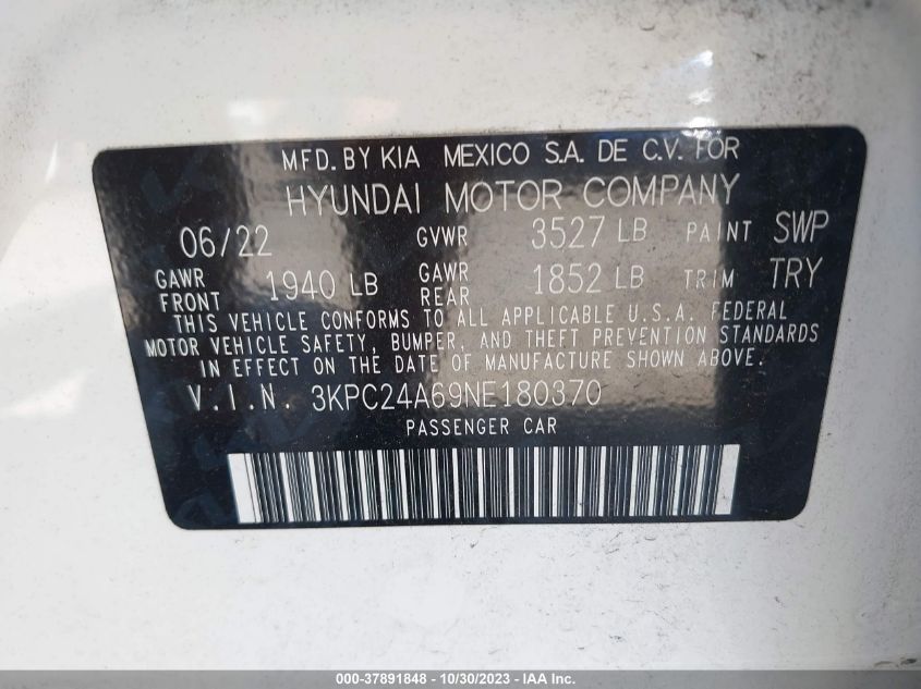 2022 Hyundai Accent Se/Sel VIN: 3KPC24A69NE180370 Lot: 37891848