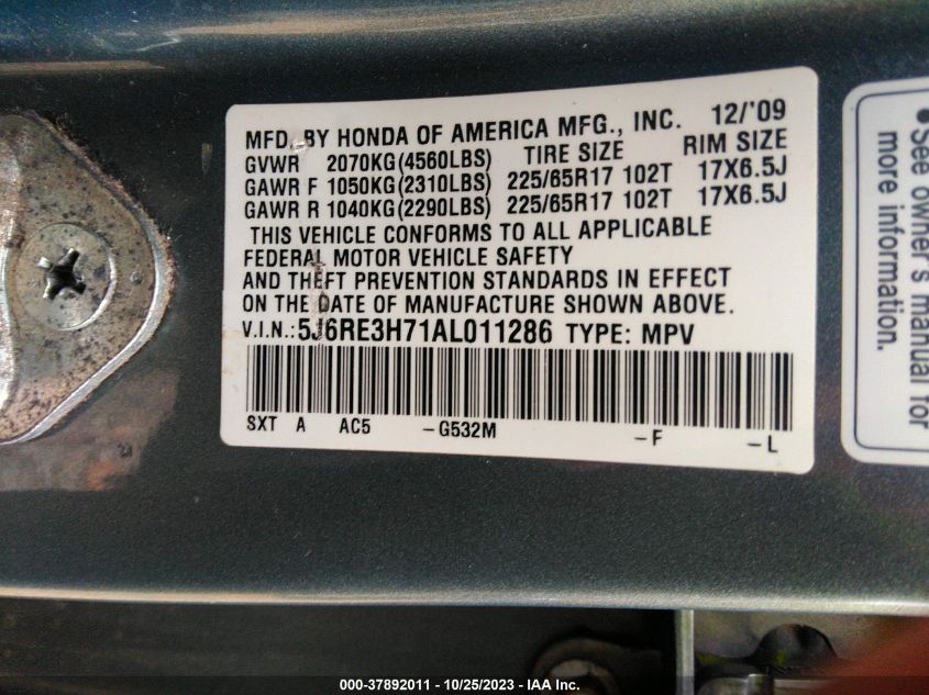 2010 Honda Cr-V Ex-L VIN: 5J6RE3H71AL011286 Lot: 37892011