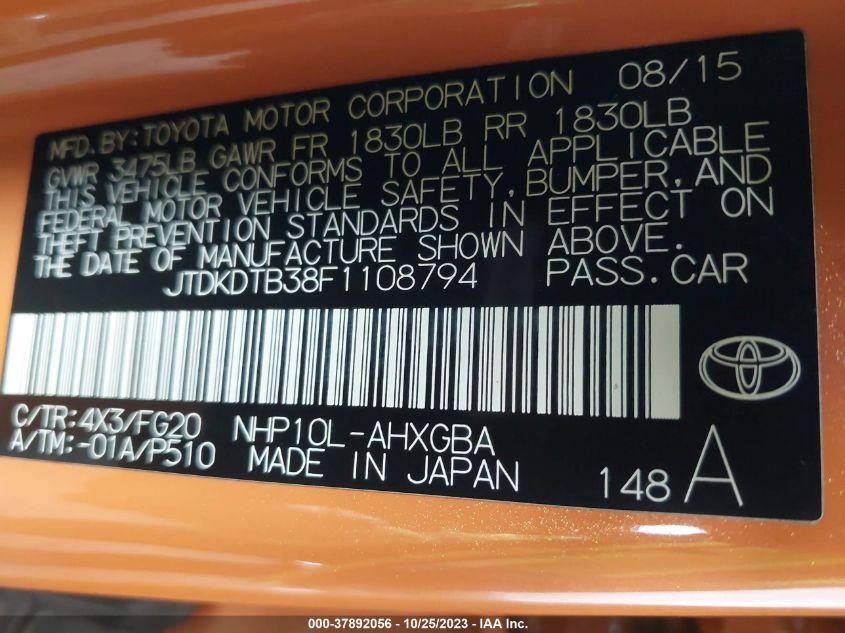 2015 Toyota Prius C One/Two/Three/Four VIN: JTDKDTB38F1108794 Lot: 37892056