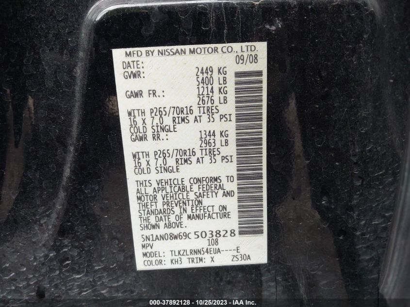 2009 Nissan Xterra S VIN: 5N1AN08W69C503828 Lot: 37892128