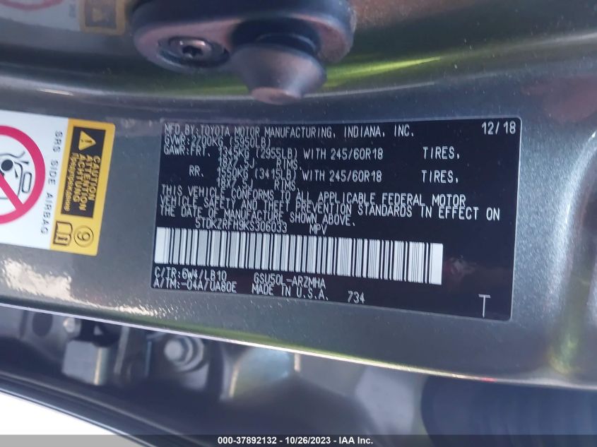 2019 Toyota Highlander Se/Xle VIN: 5TDKZRFH9KS306033 Lot: 37892132