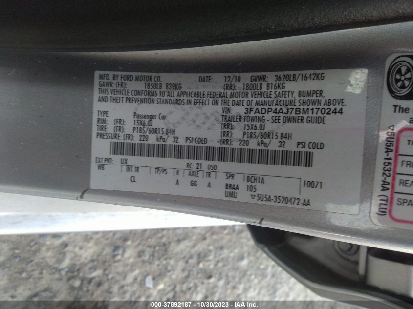 2011 Ford Fiesta S VIN: 3FADP4AJ7BM170244 Lot: 37892187